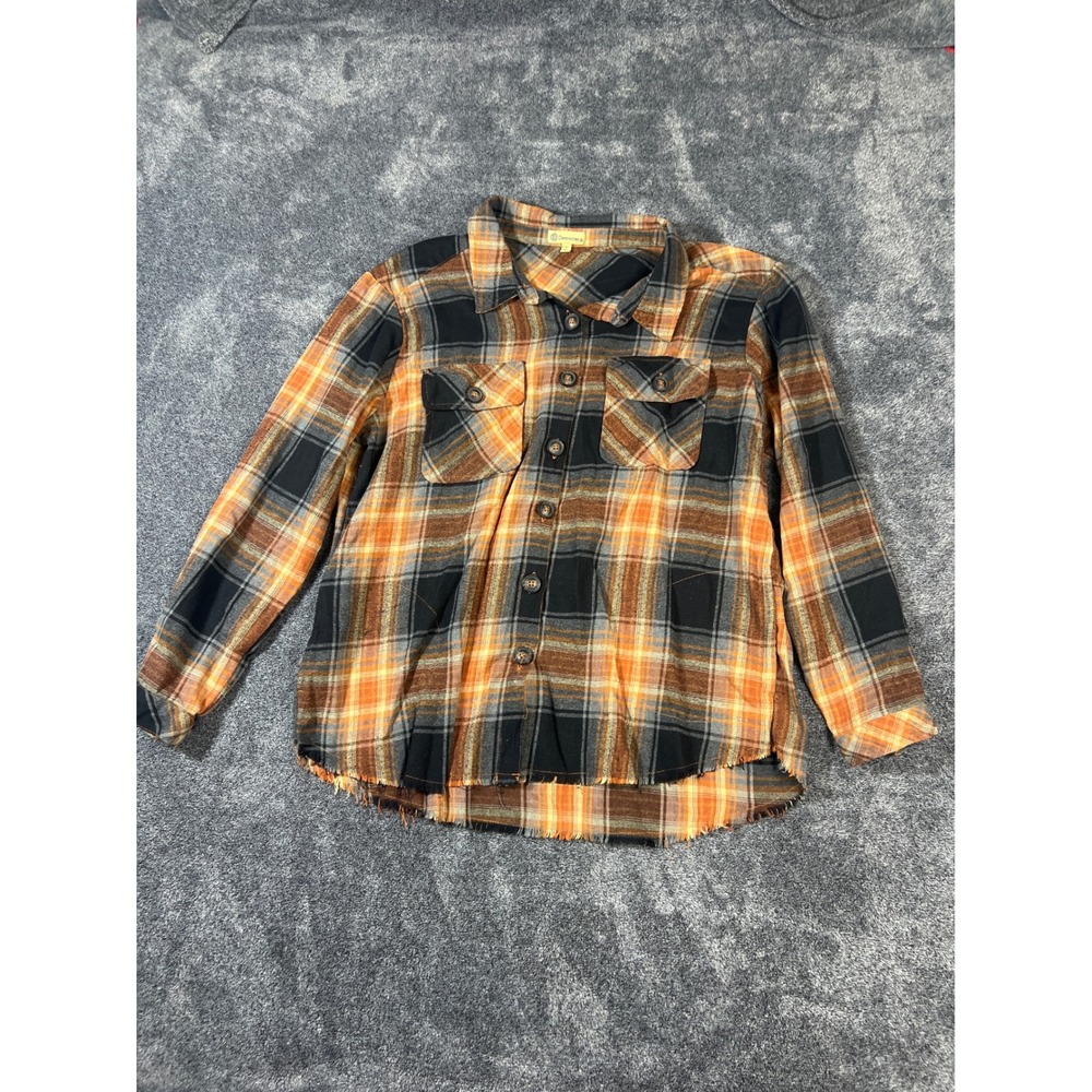 Democracy Womens Plaid Flannel Button Down Shirt Orange Black Frayed Hem Large
